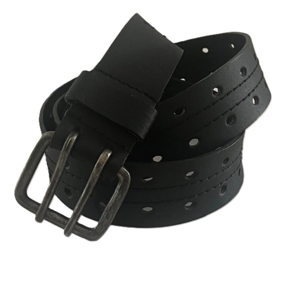 Black Leather Belt Silver Tone Buckle Hardware Double Punch Women's Large - Picture 1 of 10